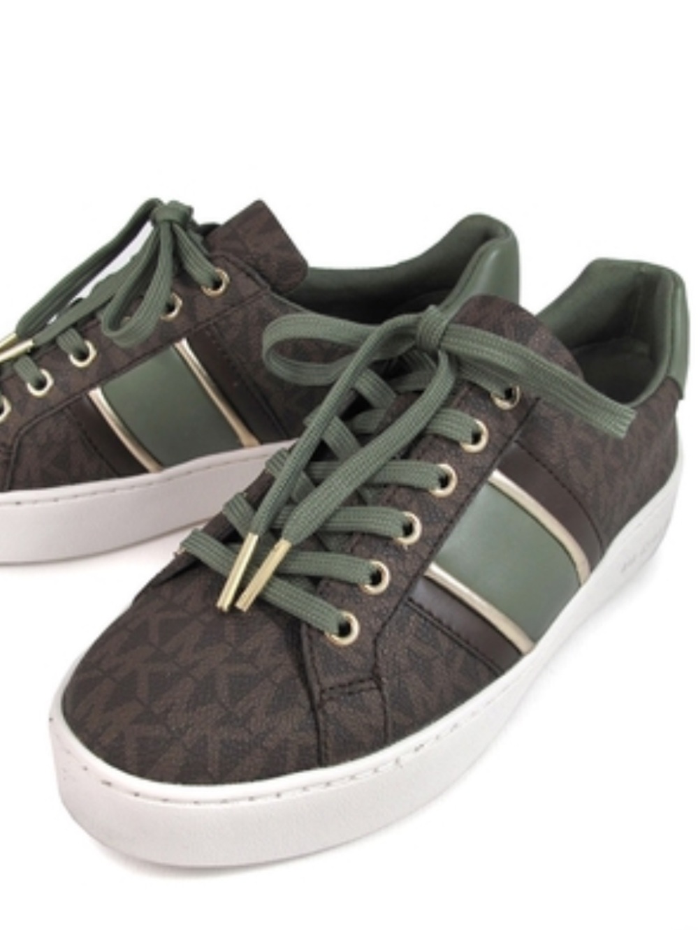 Michael Kors logo poppy olive green/brown stripe lace up sneakers woman’s sz 8